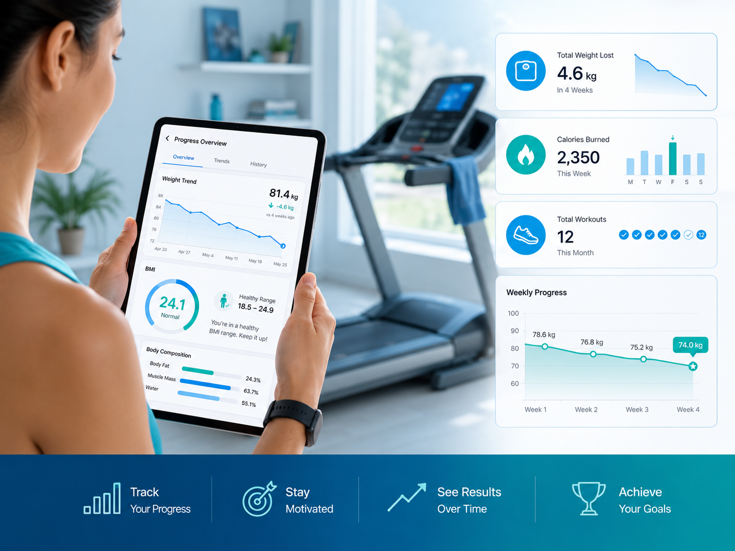 TreadPulse progress dashboard with treadmill and health tracking visuals